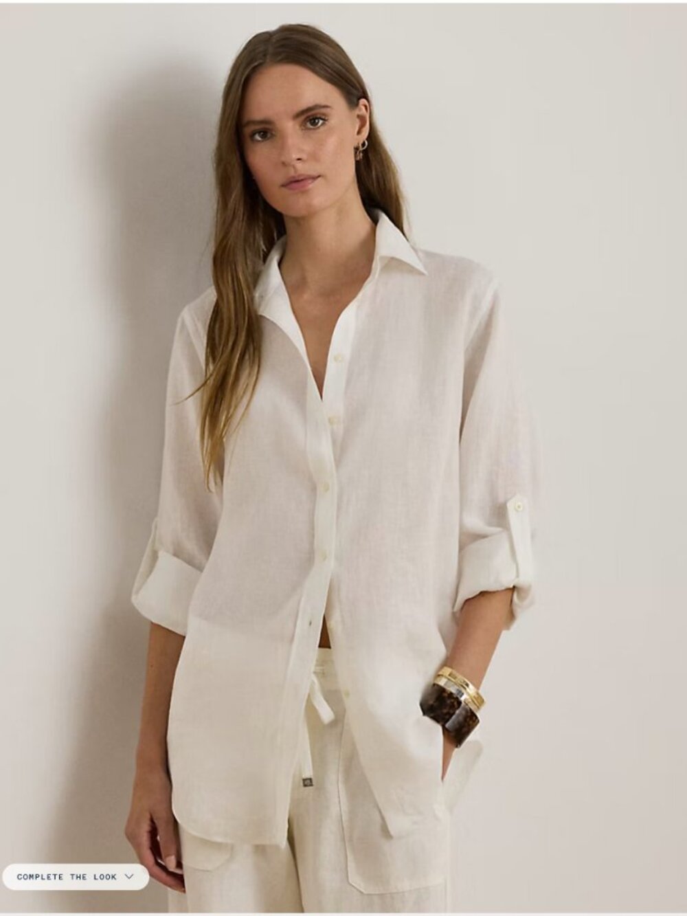 Lauren Ralph Lauren Shirt Womens L White 100 Linen Roll Tab Sleeve $125